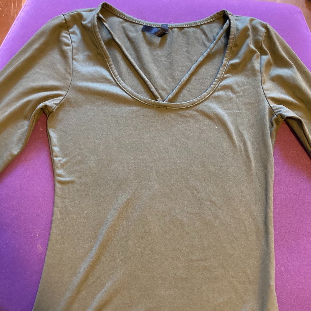 Olive long-sleeve top with strappy scoop neck